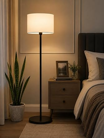 Modern Black Floor Standing Lamp – 5 Ft Tall with Off-White 14-Inch Drum Shade,
