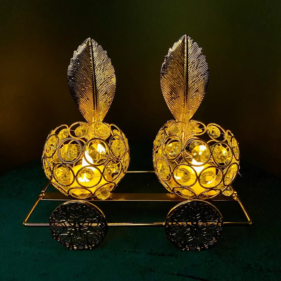 Luxury Golden Crystal Leaf Candle Holder Set