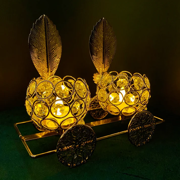 Luxury Golden Crystal Leaf Candle Holder Set