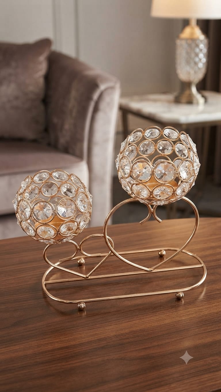 Luxury Golden Crystal Double Candle Holder – Heart Design