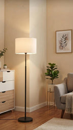 Modern Black Floor Standing Lamp – 5 Ft Tall with Off-White 14-Inch Drum Shade,