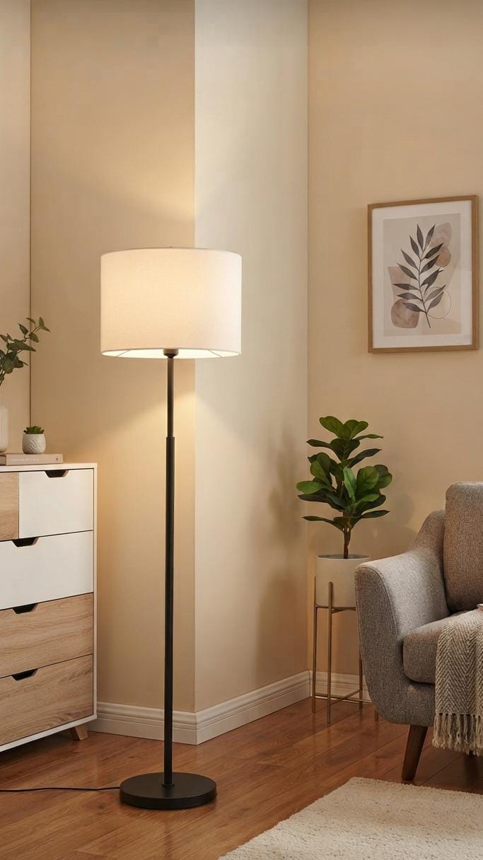 Modern Black Floor Standing Lamp – 5 Ft Tall with Off-White 14-Inch Drum Shade,