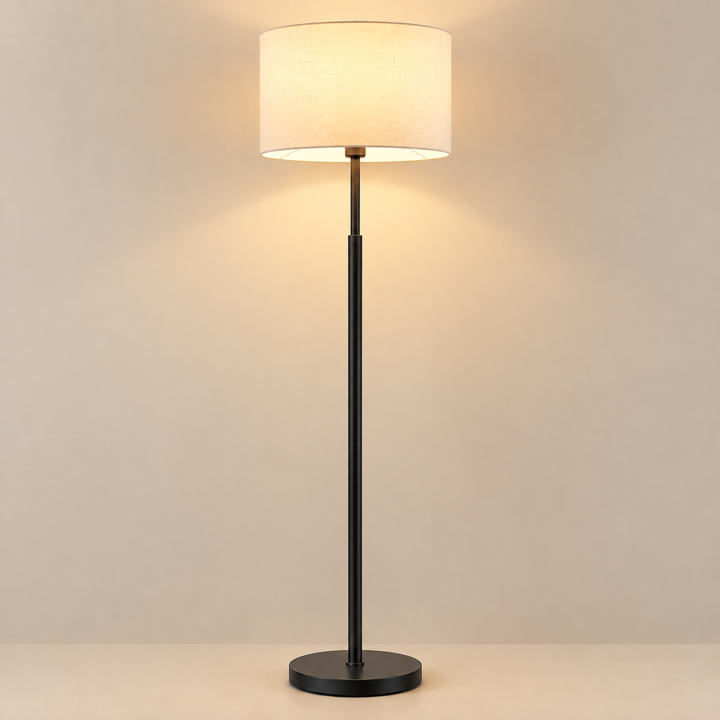 Modern Black Floor Standing Lamp – 5 Ft Tall with Off-White 14-Inch Drum Shade,