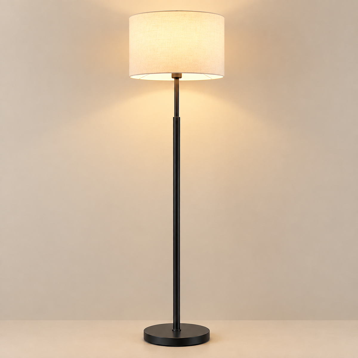 Modern Black Floor Standing Lamp – 5 Ft Tall with Off-White 14-Inch Drum Shade,