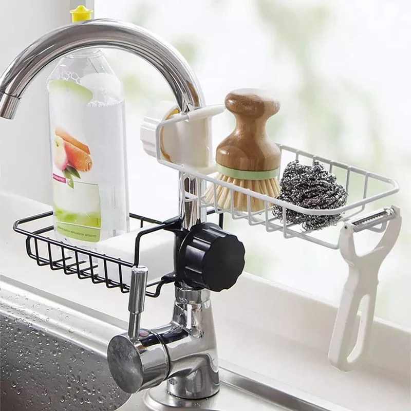Faucet Drain Rack, Stainless Steel Sponge Storage Rack, Sink Item Storage Basket, Soap Holder Hanging Rack, Kitchen Storage Shelf Sponge Dish Cloth Finishing Rack
